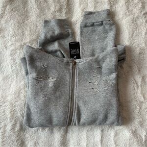NWT AGACI Gray Distressed Zip-Up Hoodie Jacket Medium
